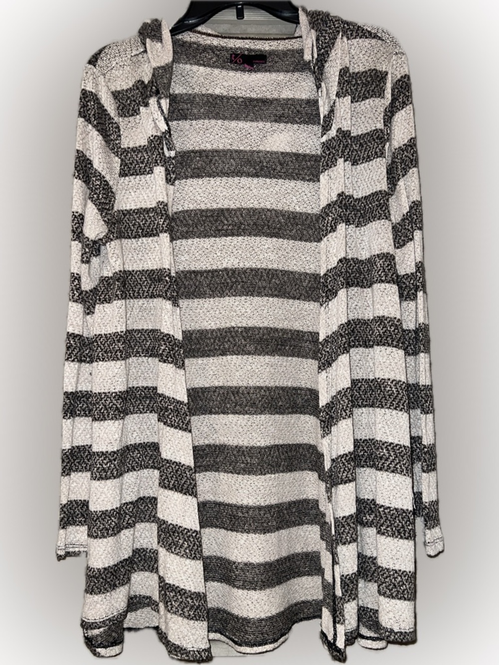 Striped Hooded Open Cardigan - Black & tan/gray